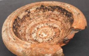 Ancient Roman mortarium used as a bird bath  bowl (by Redditch Standard)